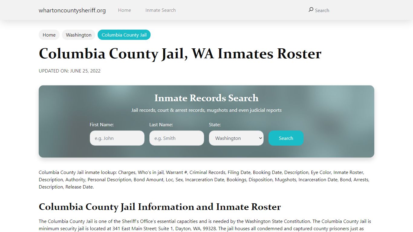 Columbia County Jail, WA Jail Roster, Name Search